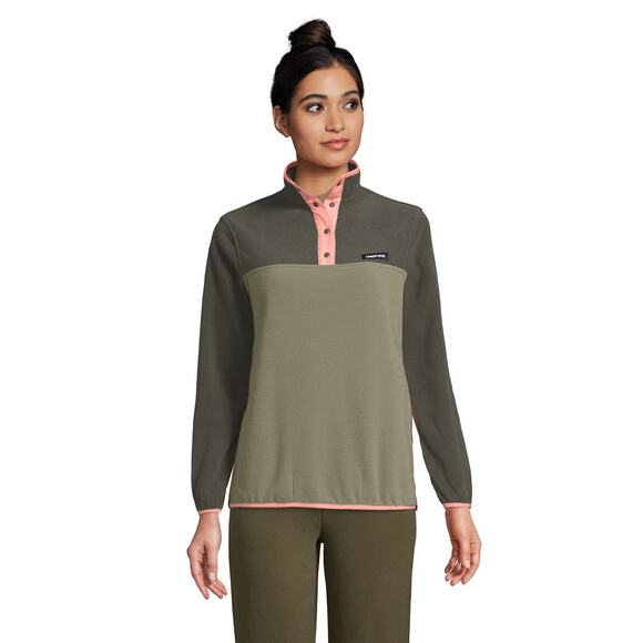 Lands’ End Heritage Quarter Snap Fleece Two-Tone Green Peach Trim Women’s Medium - Picture 1 of 10